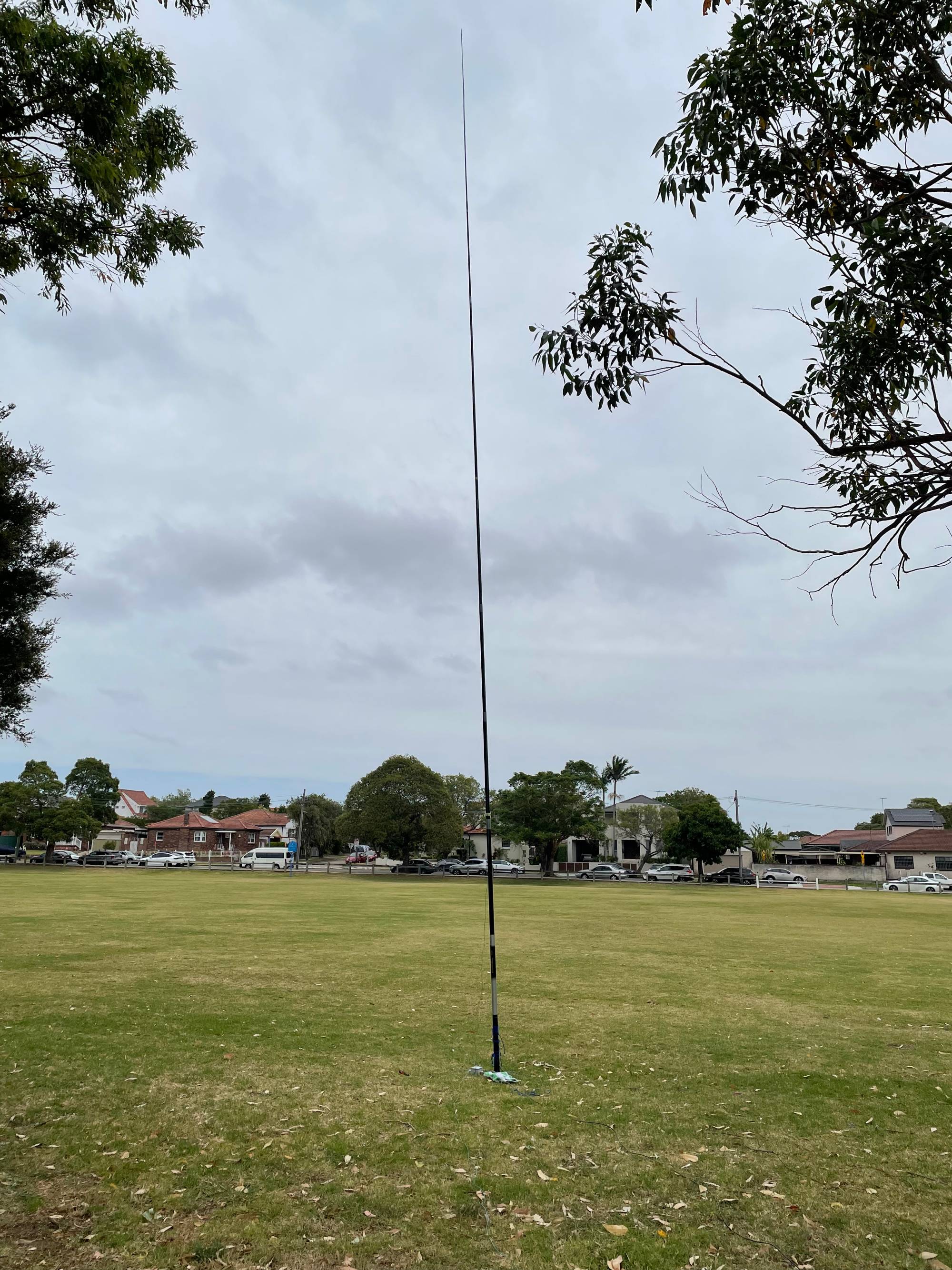 Vertical antenna fully assembled, standing 10 metres in height and secured to a metal stake.